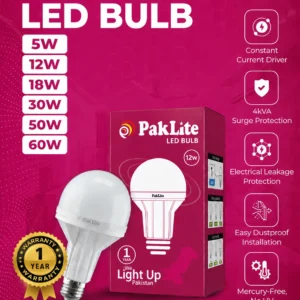 PakLite LED Bulb available in 5W, 12W, 18W, 30W, 50W, and 60W with 1-year warranty, energy-efficient LED lighting for homes and offices.