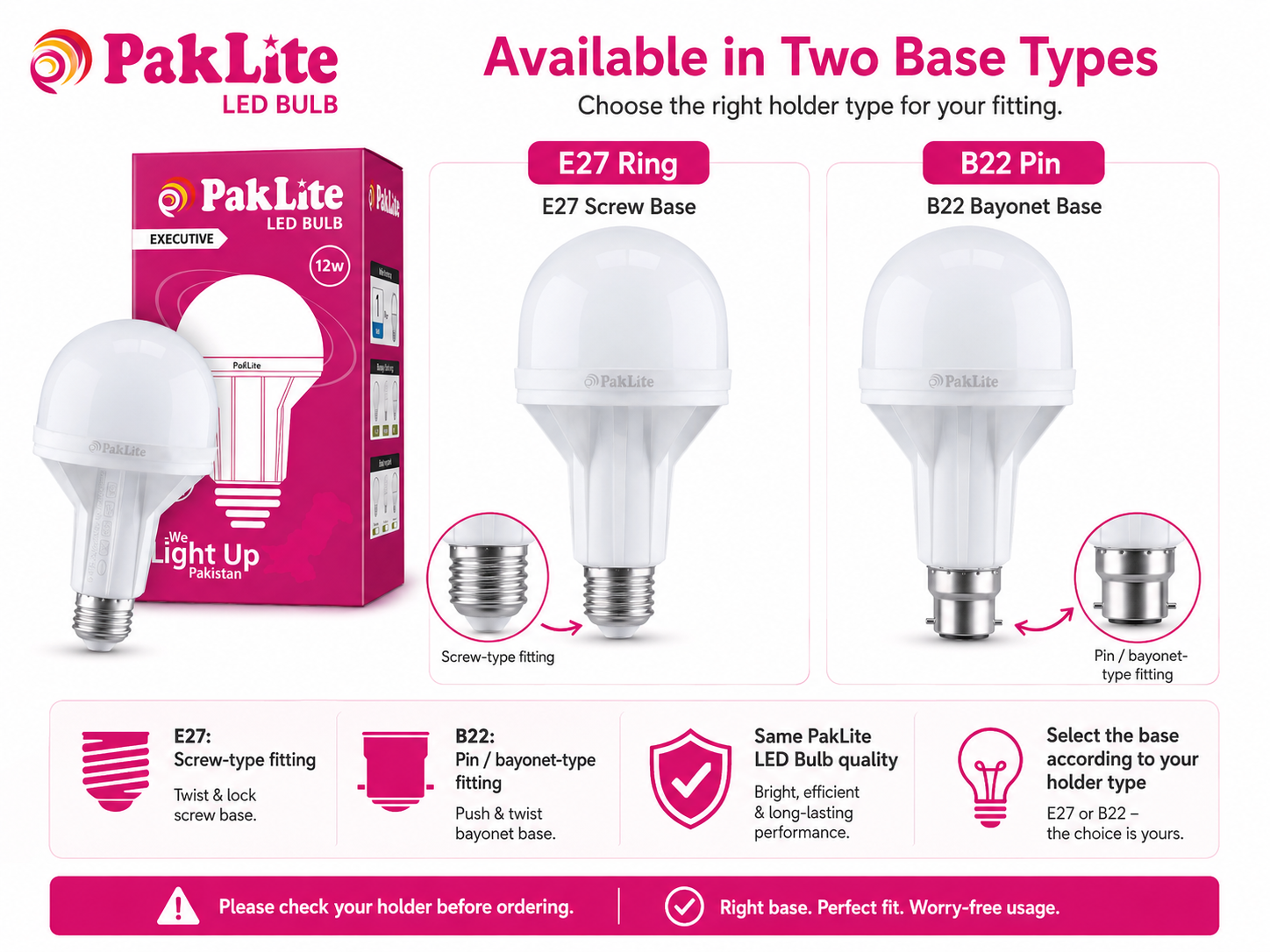 PakLite LED Bulb showing E27 Ring screw base and B22 Pin bayonet base options with product packaging