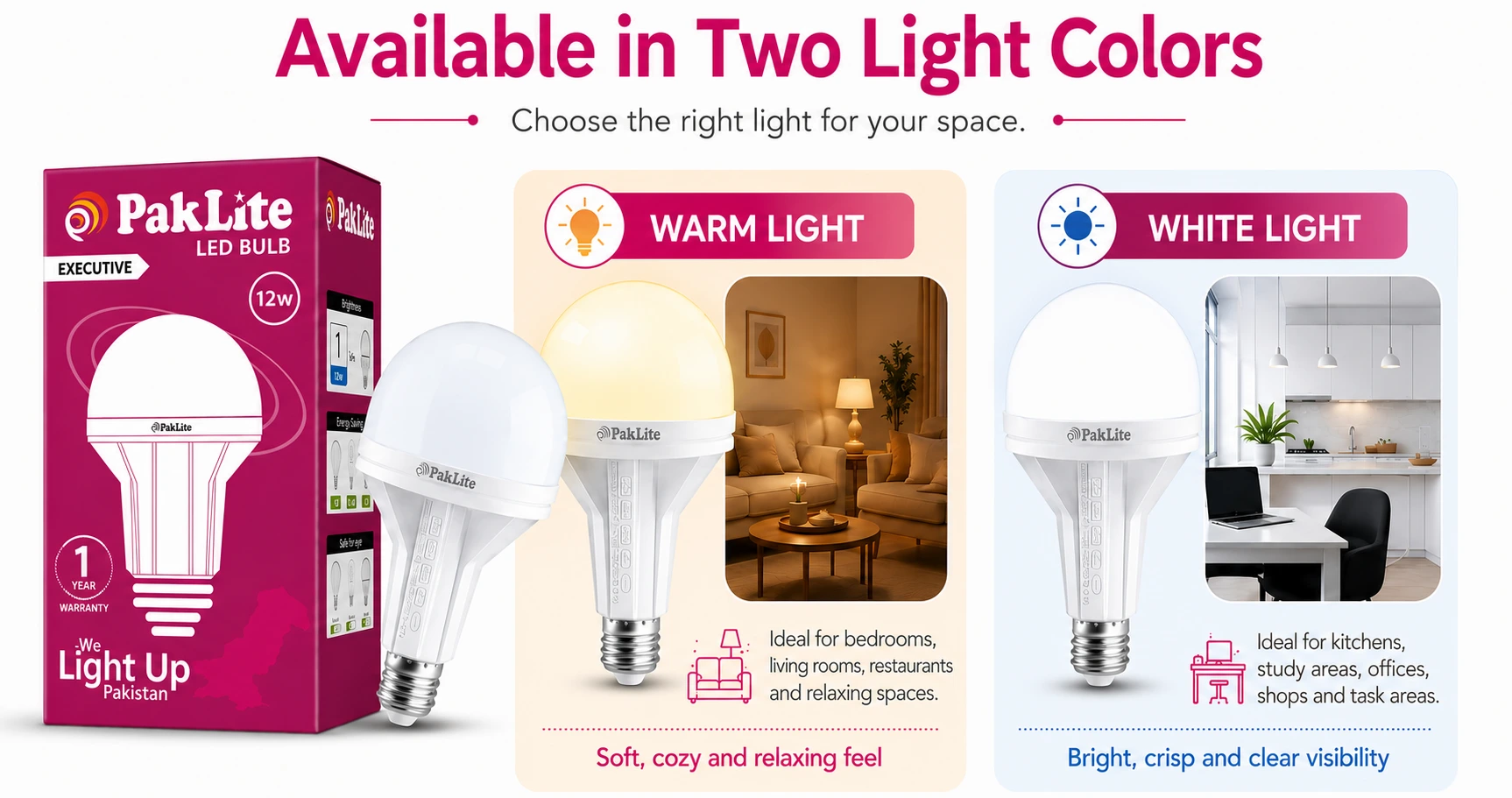 PakLite LED Bulb available in Warm Light and White Light colors with comparison for home and work spaces.