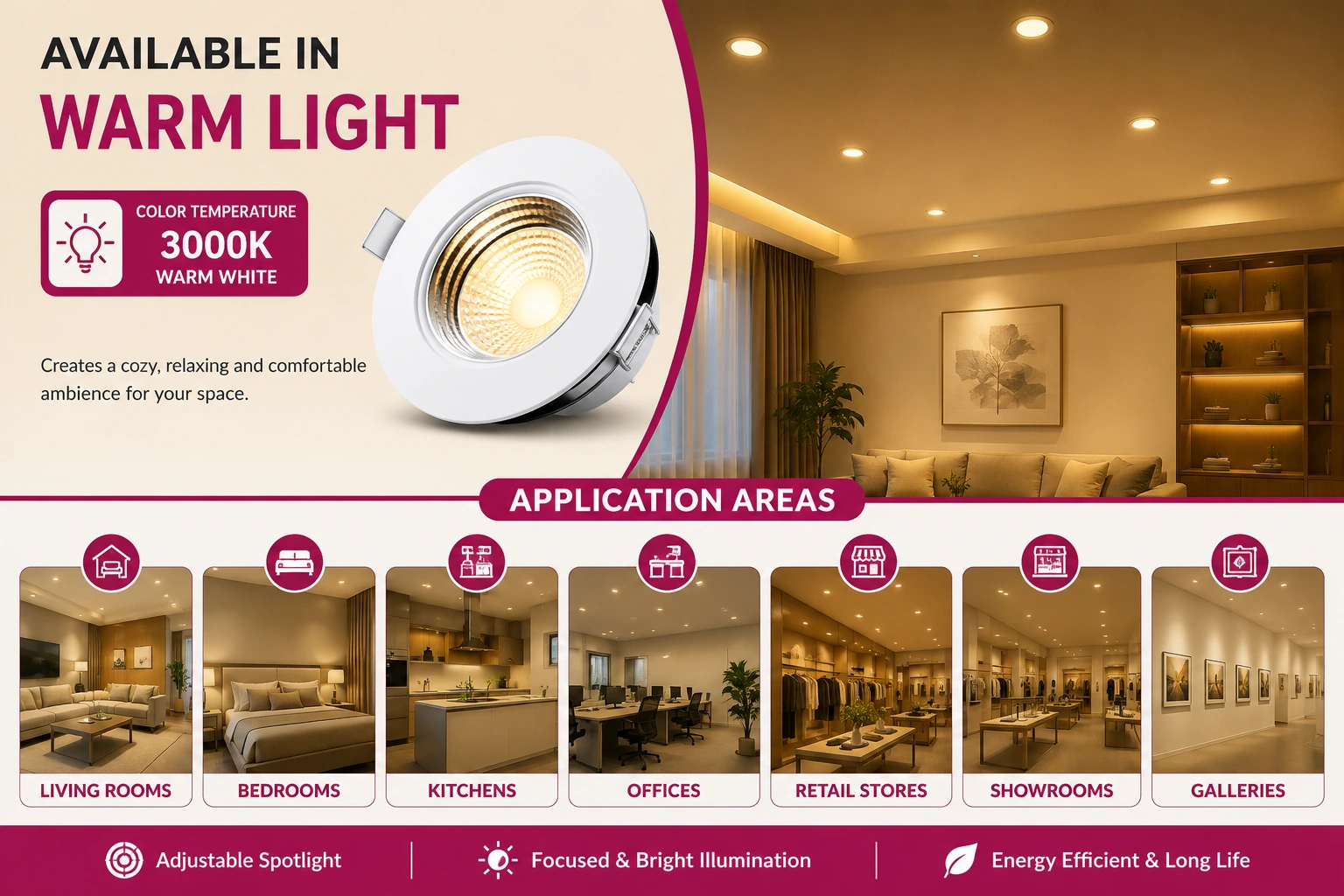 Pack of 10 LED COB Light 3W Warm White – Ideal for Homes, Offices & Retail Lighting